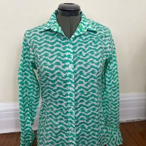 Barely worn women’s button down teal and white zebra striped top!